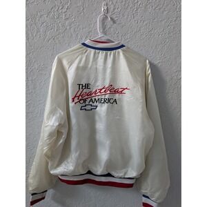 Vintage Chevrolet Bomber Jacket Mens L Satin White Heartbeat America Made in USA
